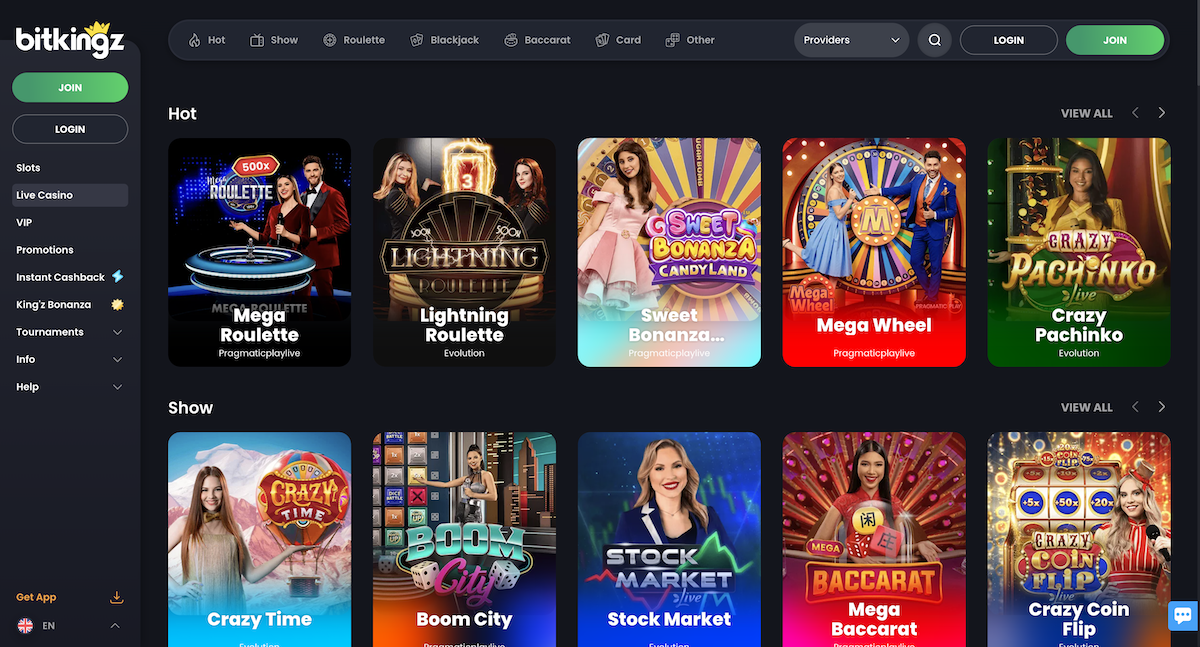 live casino game shows at bitkingz