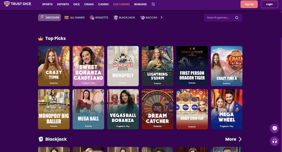 trust dice live casino games