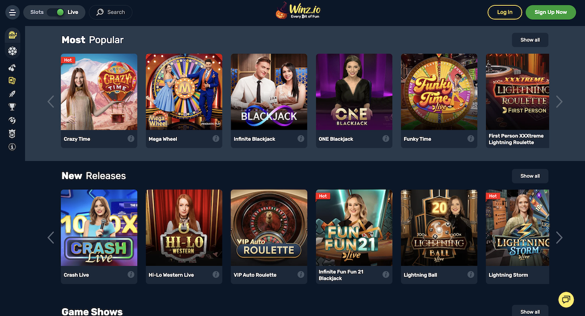 winz.io live casino games