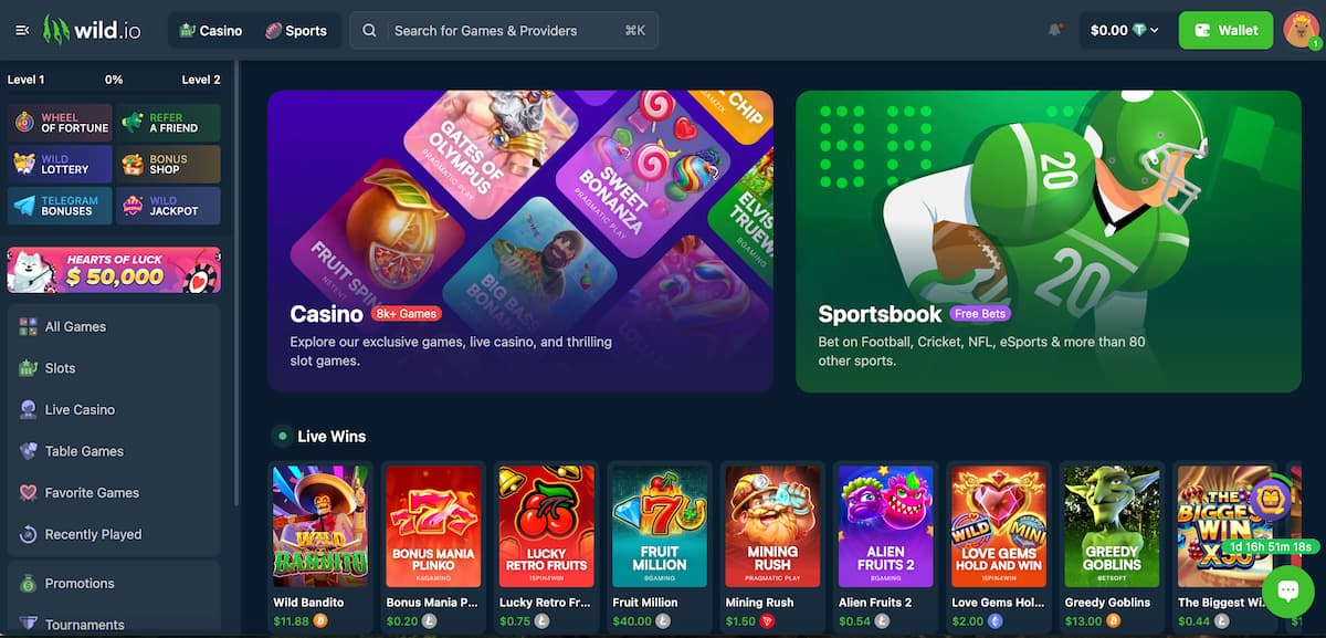 wild.io casino review main lobby