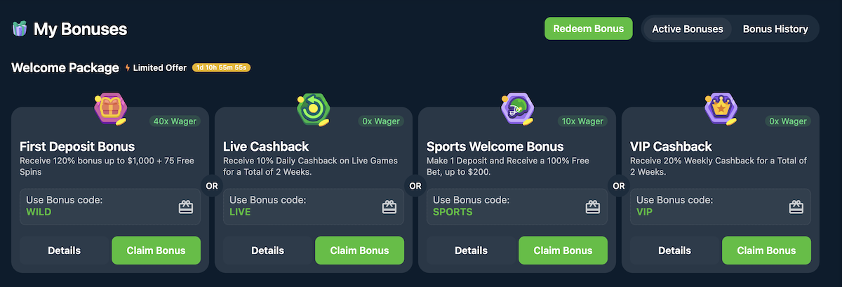 welcome bonuses at wild.io casino