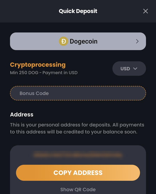 bitkingz mobile quick deposit with dogecoin selected and a 250 doge minimum
