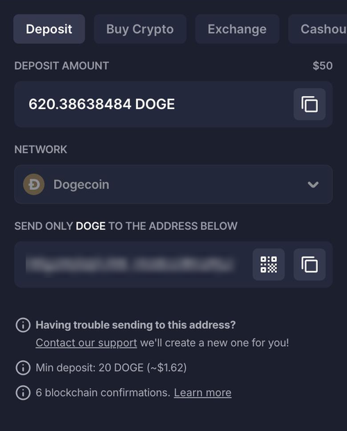 bitstarz mobile wallet with the dogecoin network selected and a 20 doge minimum deposit