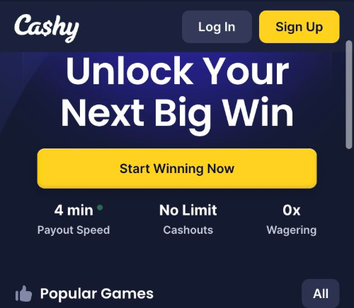 cashy casino homepage with 4 minute payout speed