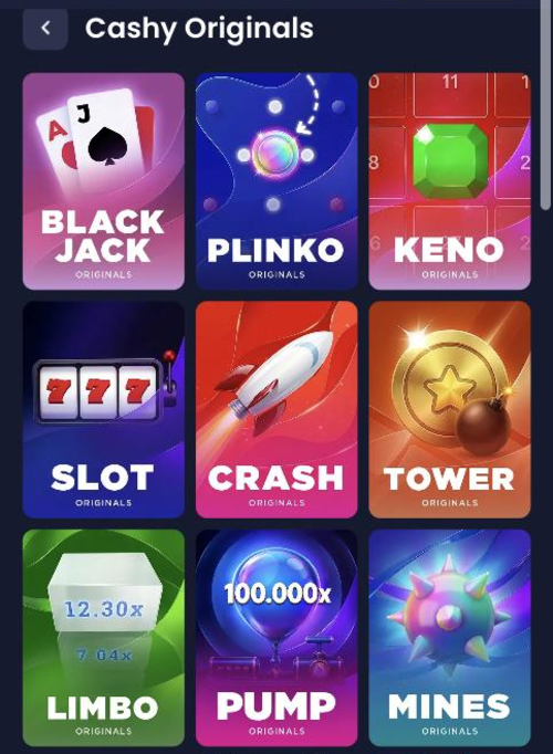cashy originals games including blackjack plinko crash and mines