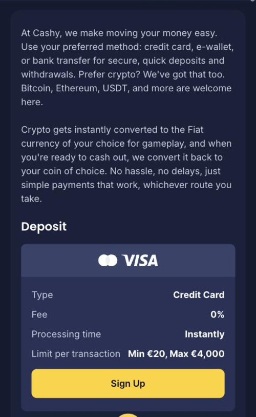cashy casino payments page showing credit card deposit fees and limits
