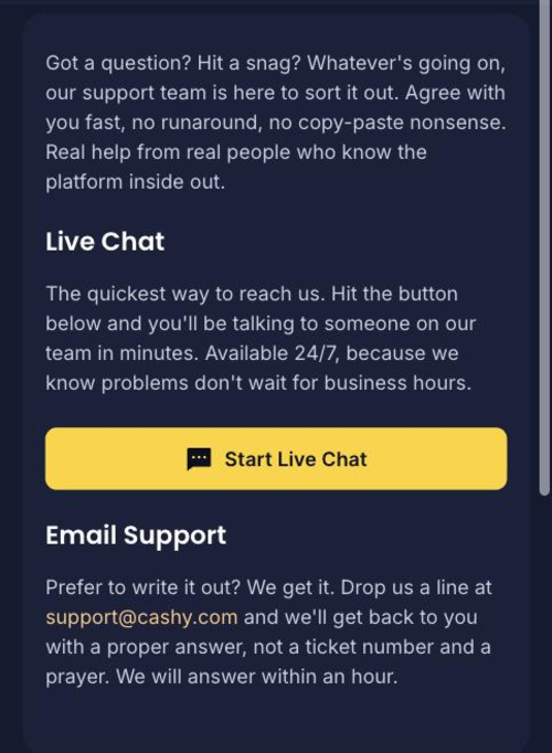 cashy casino support page with live chat and one hour email target