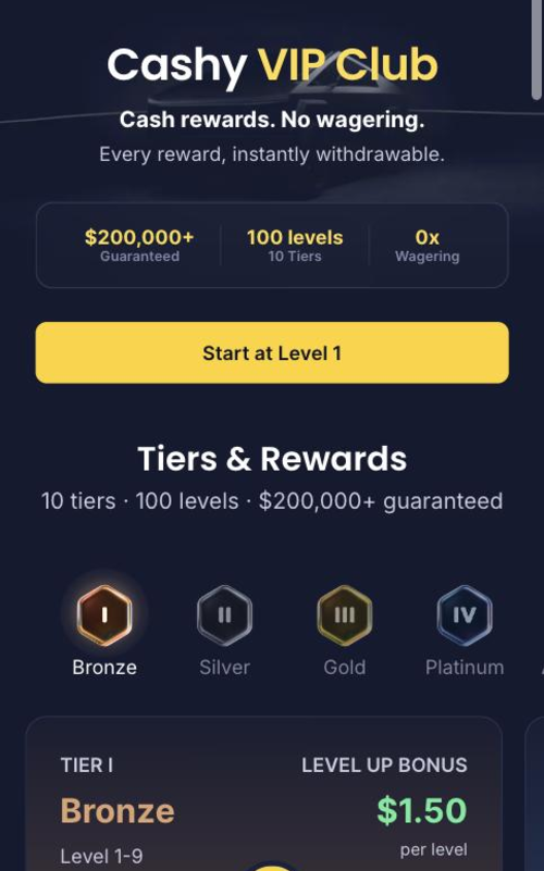 cashy casino vip club tiers with bronze level up bonus