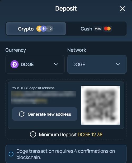 fortunejack mobile cashier with doge selected on the doge network and a 12.38 doge minimum
