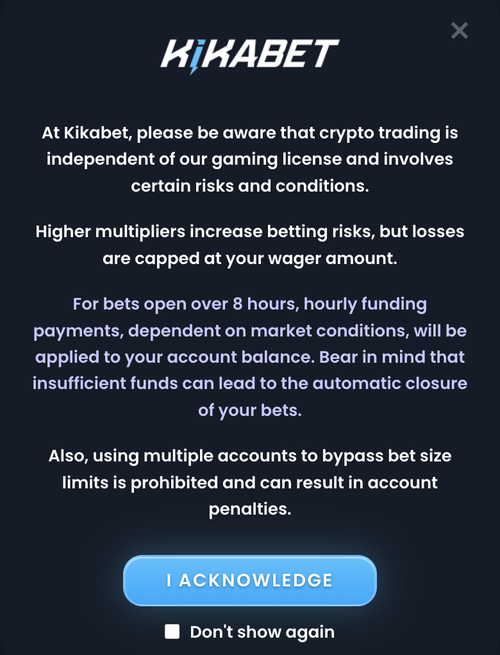 kikabet crypto futures notice stating trading is independent of its gaming license