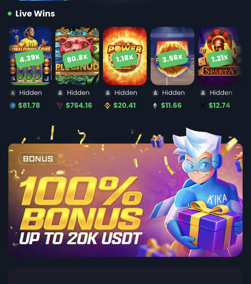 kikabet mobile lobby showing live wins and the 100% bonus up to 20k usdt banner