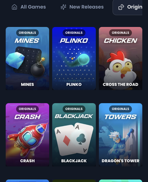kikabet originals lobby with mines plinko crash and blackjack tiles