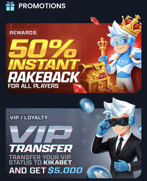 kikabet promotions page showing 50% instant rakeback and the vip transfer offer