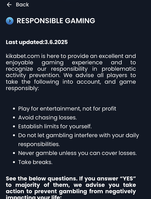 kikabet responsible gaming page last updated june 2025 listing general play advice