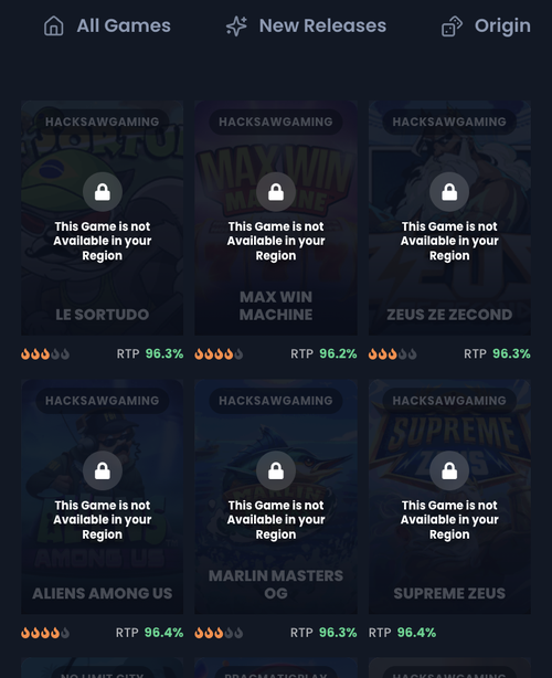 kikabet slots lobby with hacksaw gaming titles locked as not available in your region