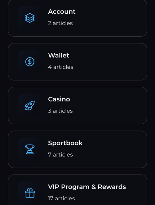 kikabet help center categories showing 2 account articles and 4 wallet articles