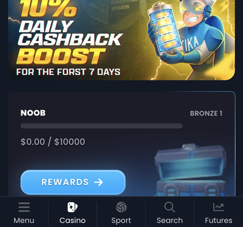 kikabet 10% daily cashback banner above a bronze 1 progress bar reading 0 of 10000 dollars