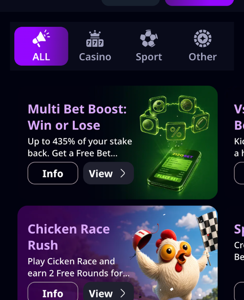zizobet promotions page tiles on mobile