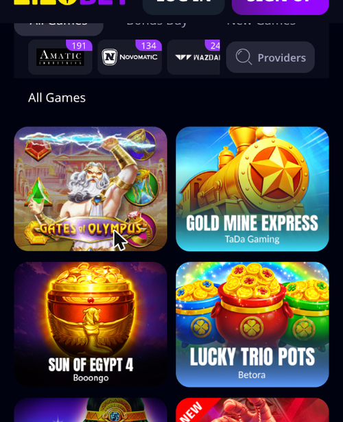 zizobet slots lobby with provider game counts