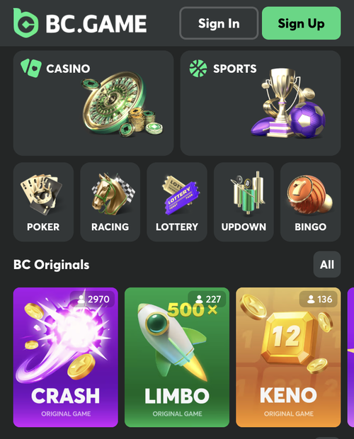 bc.game mobile lobby showing casino, sports, and bc originals