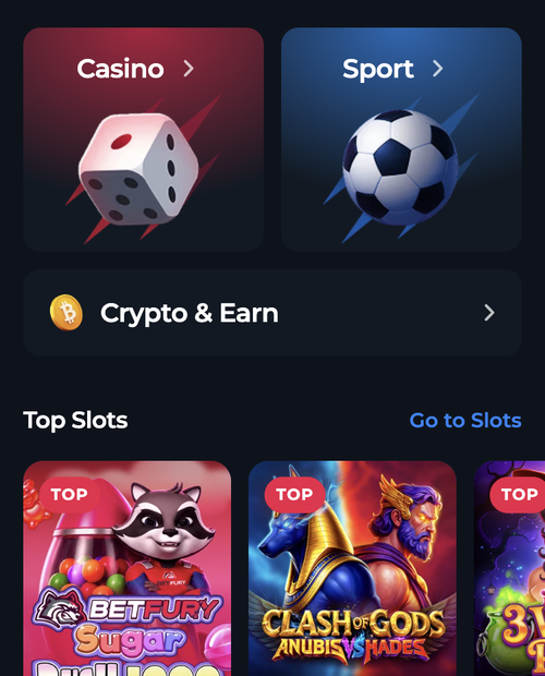 betfury mobile lobby showing casino, sport, and crypto and earn tiles