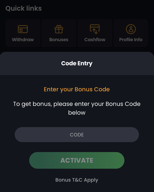 bitkingz mobile account center showing the bonus code entry box