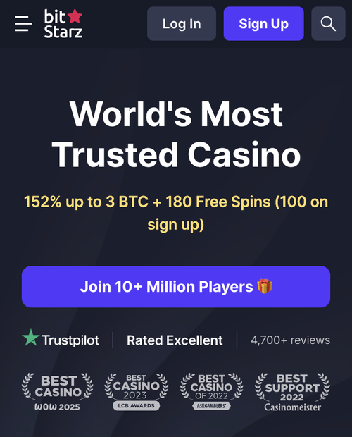 bitstarz mobile homepage showing the 152% welcome bonus with 100 free spins on sign up