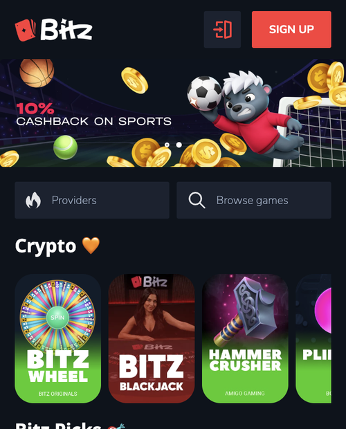 bitz mobile lobby showing bitz wheel, blackjack, and crypto games