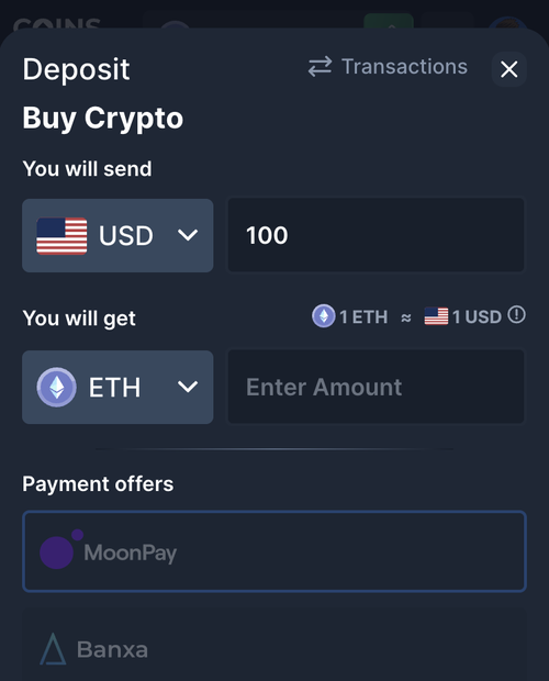 coins game mobile buy crypto screen with moonpay and banxa offers