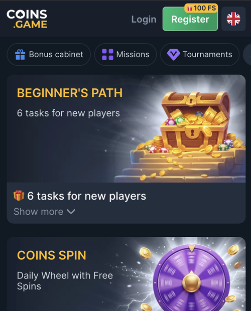 coins game mobile promotions page showing beginners path and coins spin