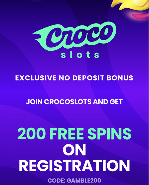 crocoslots mobile landing page showing 200 no deposit free spins with code gamble200