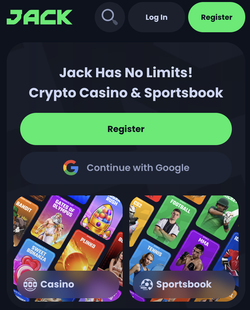 jack.com mobile homepage showing the crypto casino and sportsbook tiles