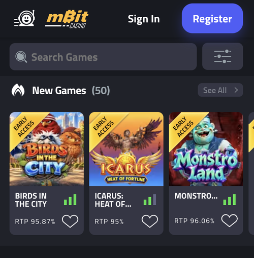 mbit casino mobile lobby showing new games with rtp on each tile