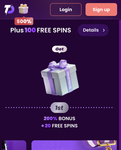 trustdice mobile promotions page showing the first deposit 200% bonus with 20 free spins