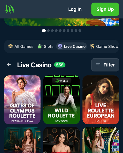 wild.io mobile live casino lobby with roulette and game show tables