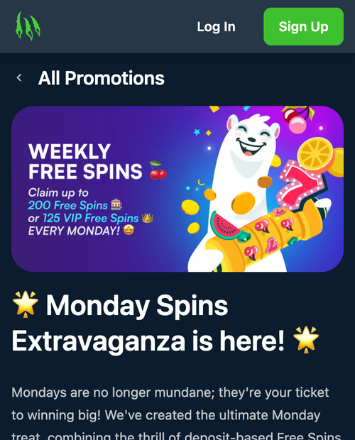 wild.io mobile promotions page showing the weekly monday free spins offer