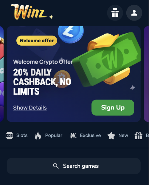 winz mobile homepage showing the 20% daily crypto cashback welcome offer