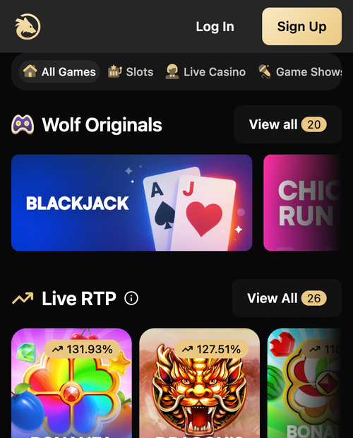 wolf casino mobile lobby showing wolf originals and live rtp slots